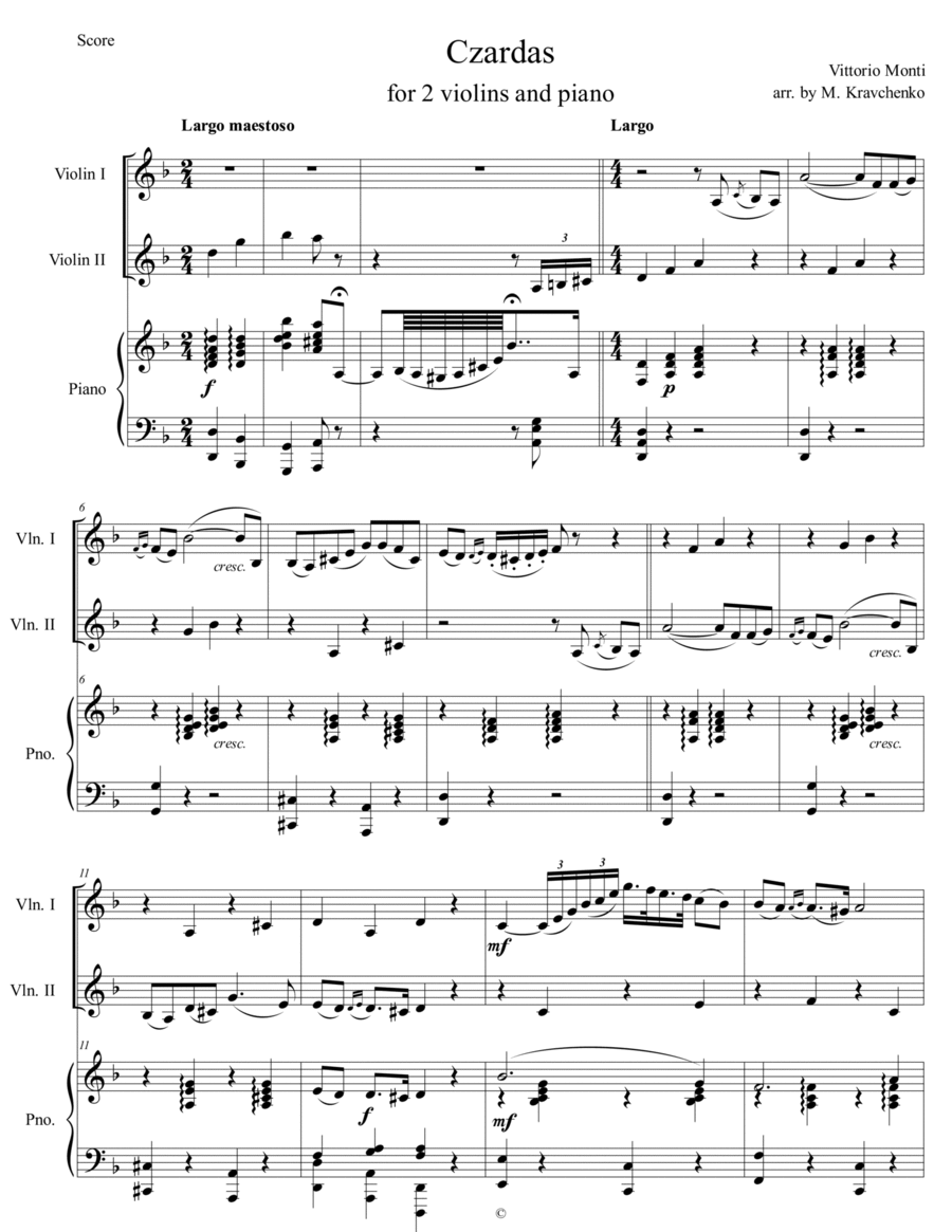 Vittorio Monti - Czardas arr. for 2 violins and piano (score and parts) Piano Trio scores gallery preview page 1