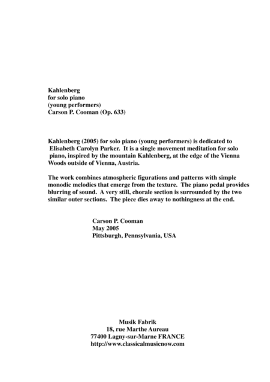 Carson Cooman: Kahlenberg for piano Easy Piano scores gallery preview page 1