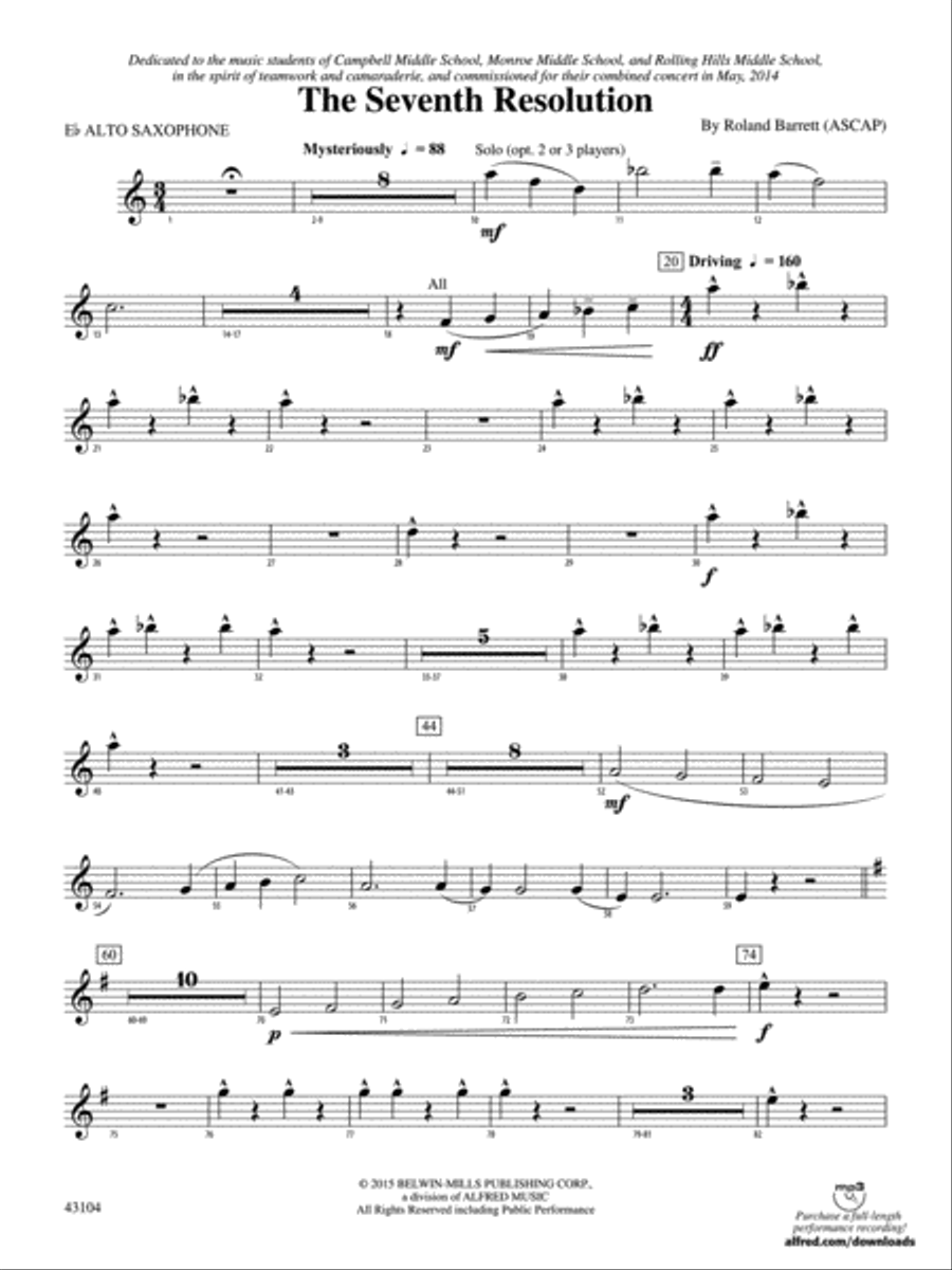 The Seventh Resolution: E-flat Alto Saxophone Concert Band scores gallery preview page 1