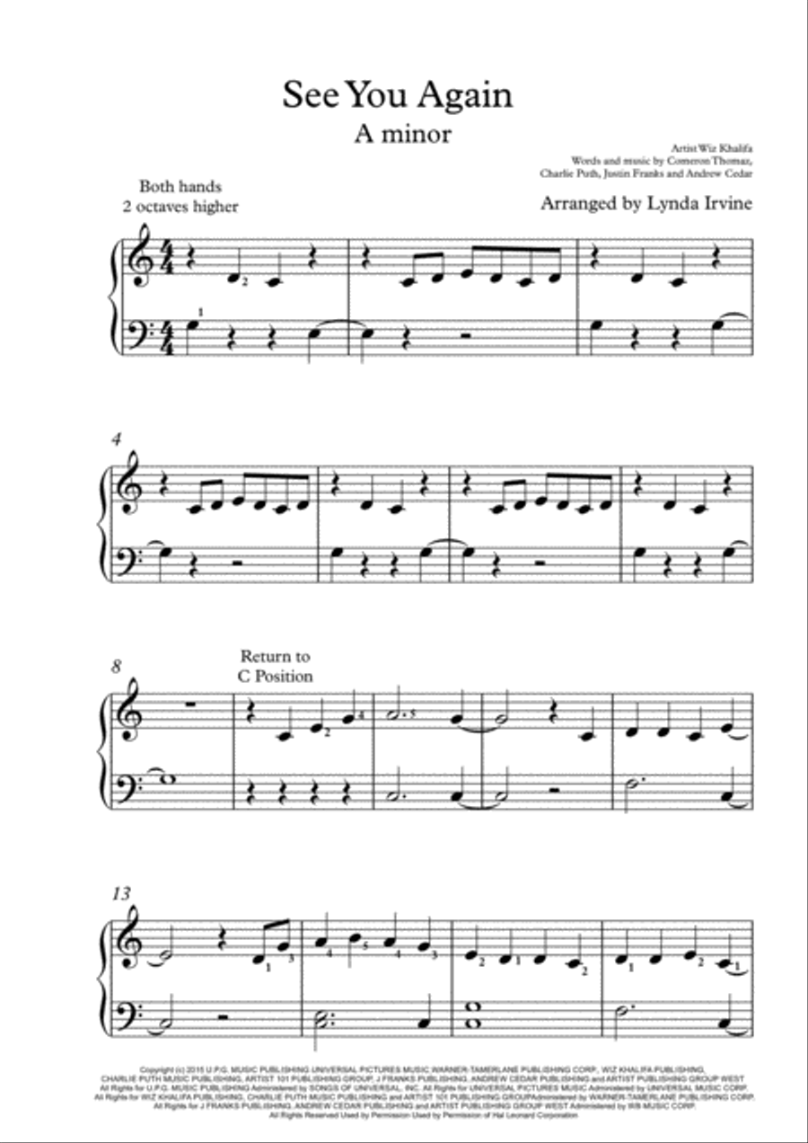 See You Again from FURIOUS 7 Easy Piano scores gallery preview page 1