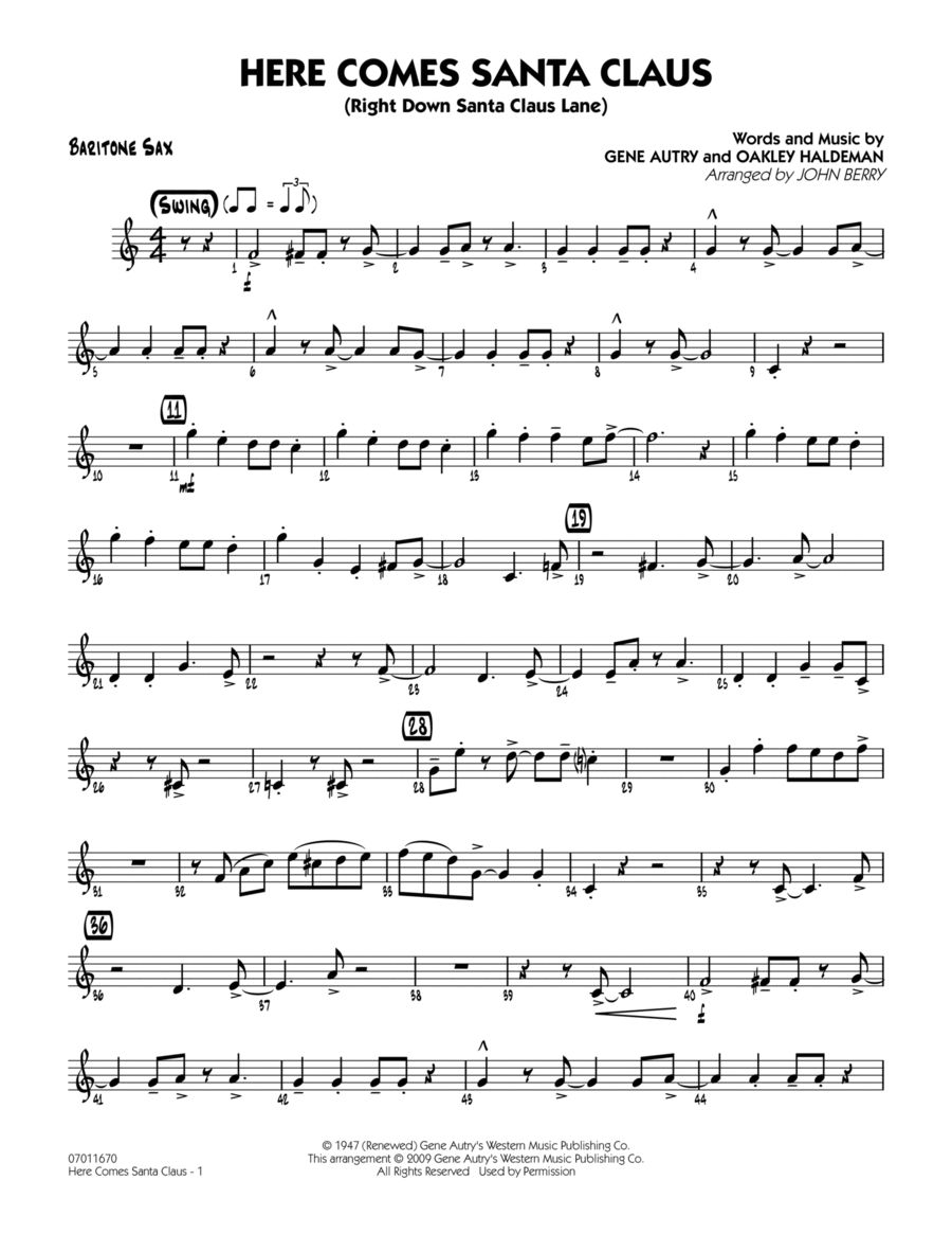 Here Comes Santa Claus (Right Down Santa Claus Lane) - Baritone Sax Baritone Saxophone scores gallery preview page 1