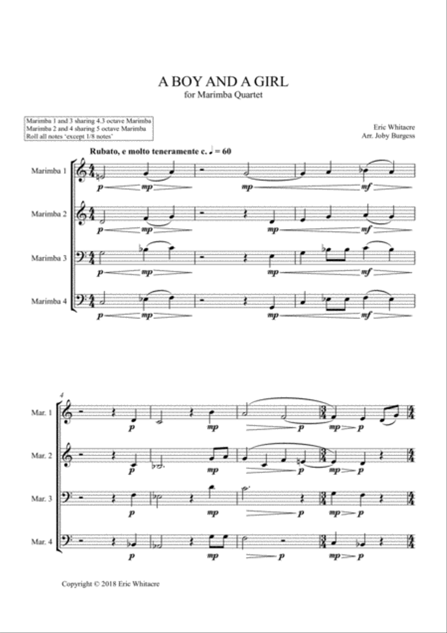 A Boy And A Girl for Marimba Quartet (arr. Joby Burgess) - Full Score Percussion Ensemble scores gallery preview page 1