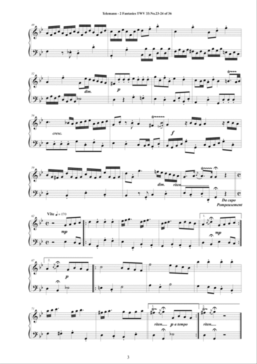 Telemann - 2 Fantasies in (G minor, B flat major) TWV 33 No.23-24 of 36 for Piano Piano Solo scores gallery preview page 3