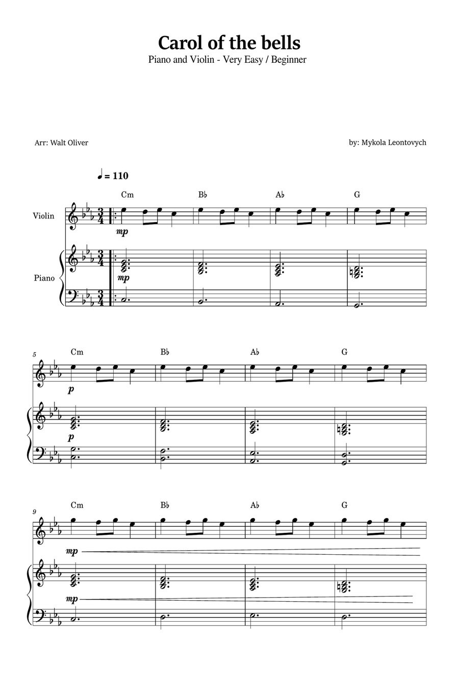 Carol of The Bells for Violin and Piano (Very Easy - Beginner) in C minor - With Chords Violin Solo scores gallery preview page 1