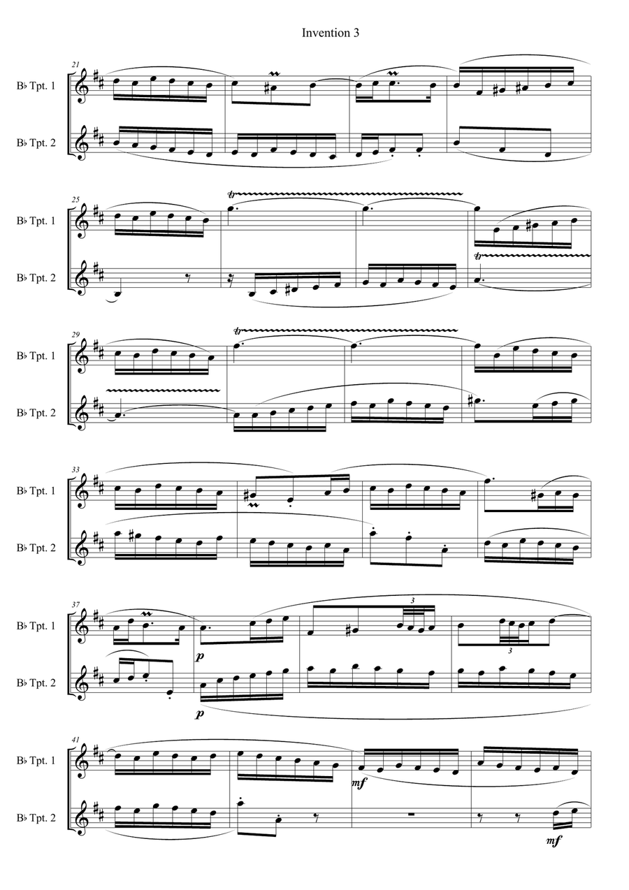 Trumpet duets. Five Bach keyboard Inventions for 2 Trumpets. Trumpet Duet scores gallery preview page 6