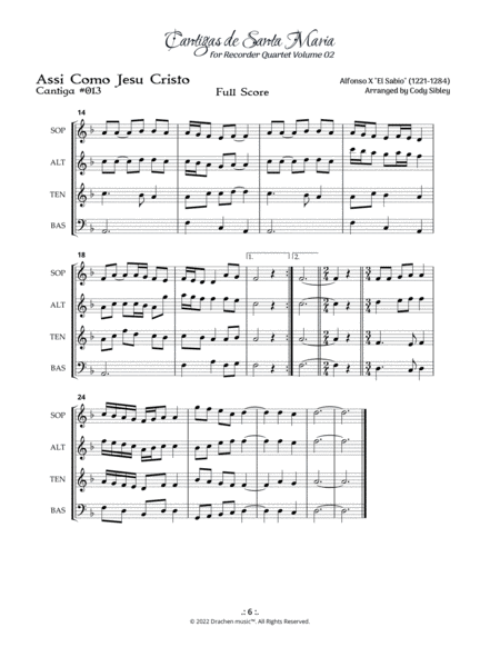 Cantigas de Santa Maria 013 Assi Como Jesu Cristo for Recorder Quartet image number null