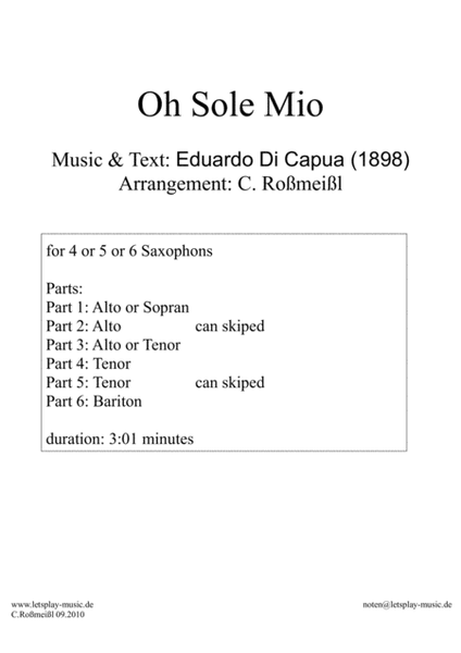 Oh Sole Mio for 5 or 6 Saxophones Saxophonquintet, Saxophonsextet image number null