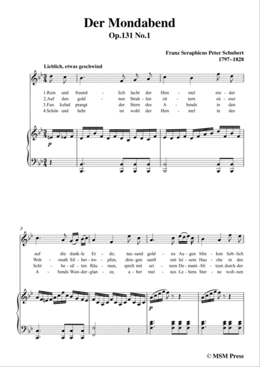 Schubert-Der Mondabend,Op.131 No.1,in B flat Major,for Voice&Piano Voice scores gallery preview page 3