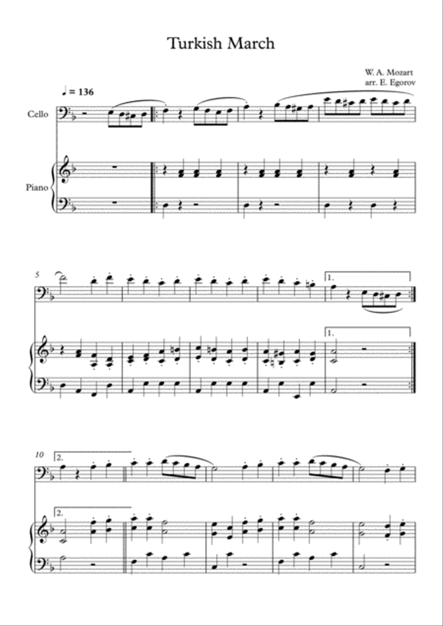 Turkish March, Wolfgang Amadeus Mozart, For Cello & Piano Piano scores gallery preview page 1