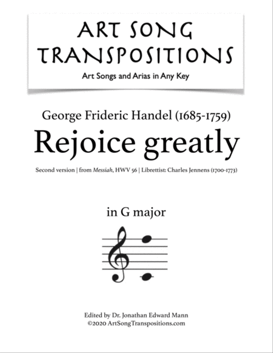 HANDEL: Rejoice greatly (transposed to G major) Voice scores gallery preview page 1