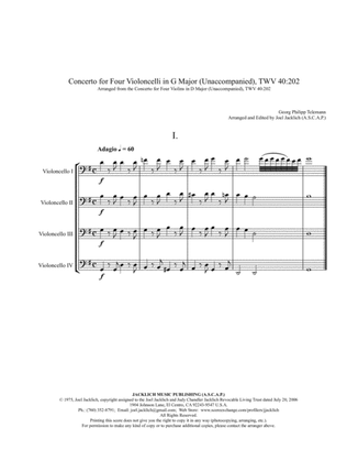 Book cover for Concerto No. 2 in G Major for Four Celli Unaccompanied TWV40:202