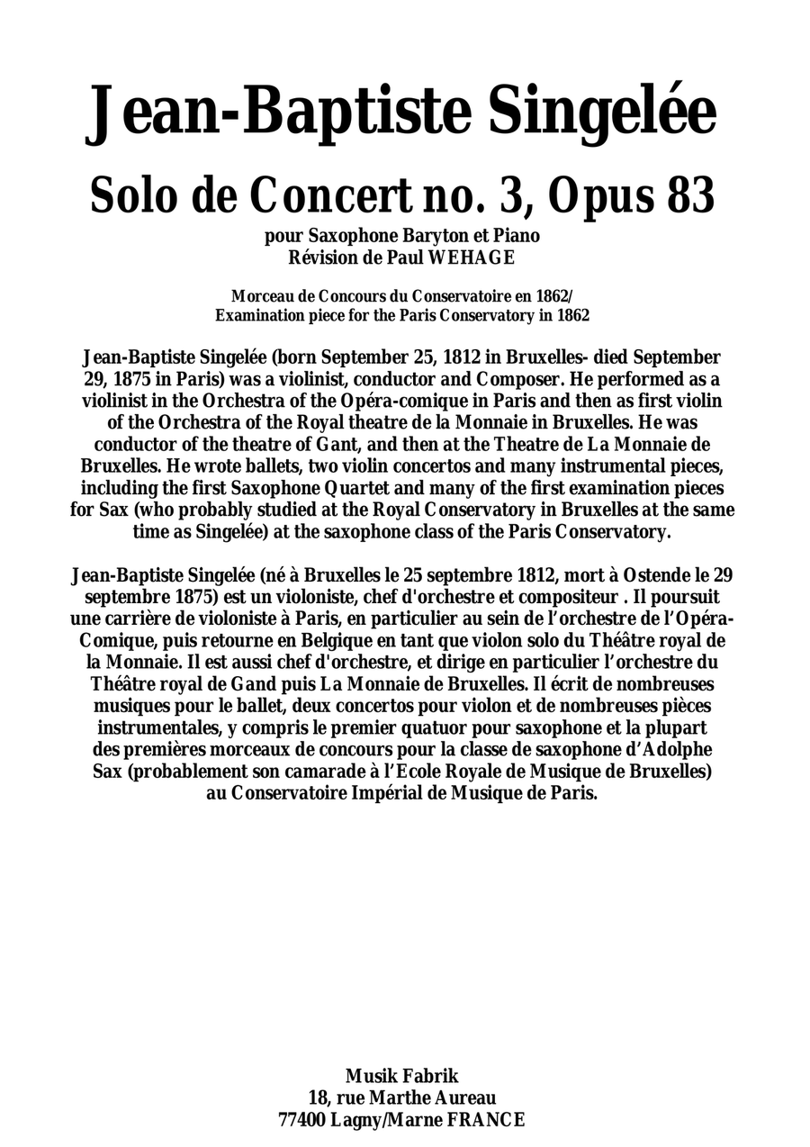 Jean-Baptiste Singelée Solo de Concert no. 3, Opus 83 for baritone saxophone and piano Baritone Saxophone scores gallery preview page 1