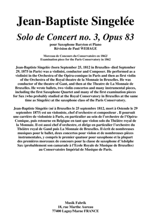 Book cover for Jean-Baptiste Singelée Solo de Concert no. 3, Opus 83 for baritone saxophone and piano