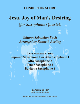 Bach - Jesu, Joy of Man’s Desiring (for Saxophone Quartet SATB or AATB)