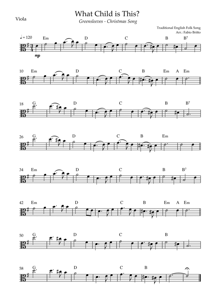 What Child is This? - Greensleeves (Christmas Song) for Viola Solo with Chords