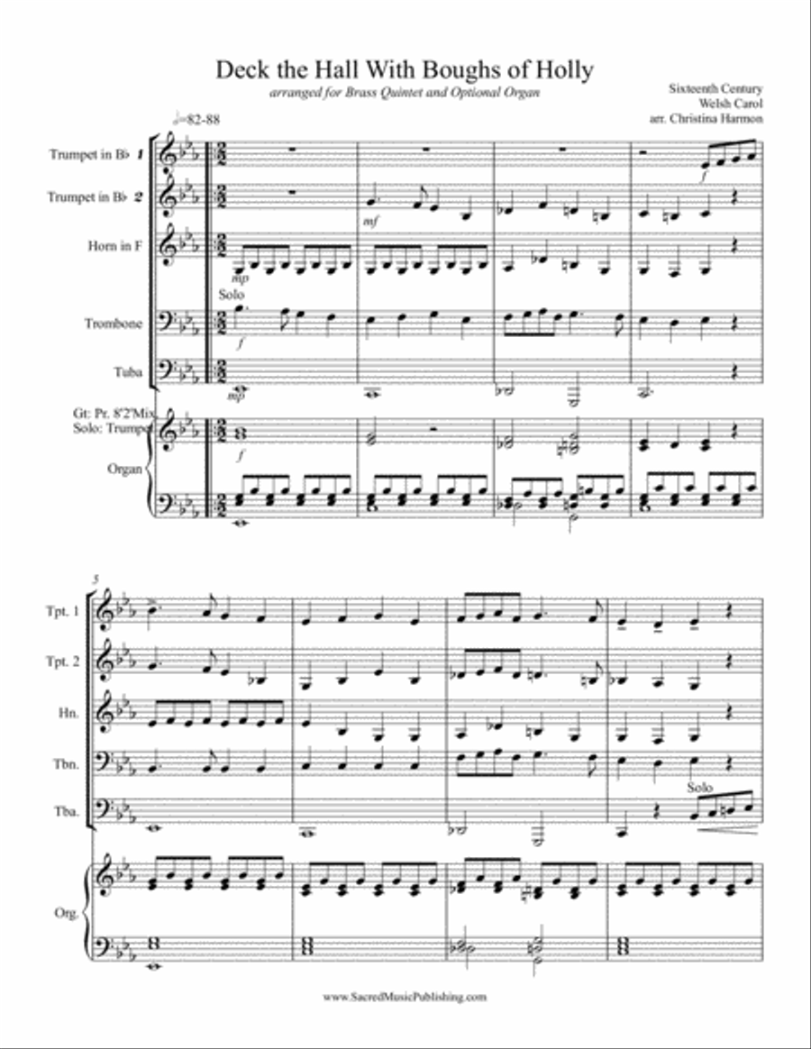 Deck the Hall With Boughs of Holly for Brass Quintet and Optional Organ Deck the Hall With Boughs of Holly for Brass Quintet and Optional Organ Small Ensemble scores gallery preview page 2