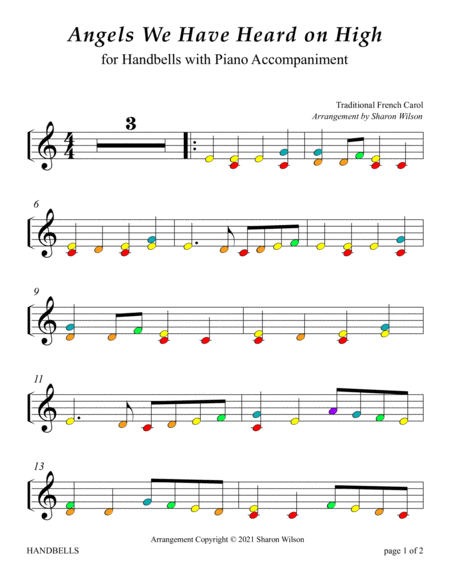Christmas Carols (A Collection of 10 Color-Coded Arrangements for One Octave Handbells with Piano) image number null