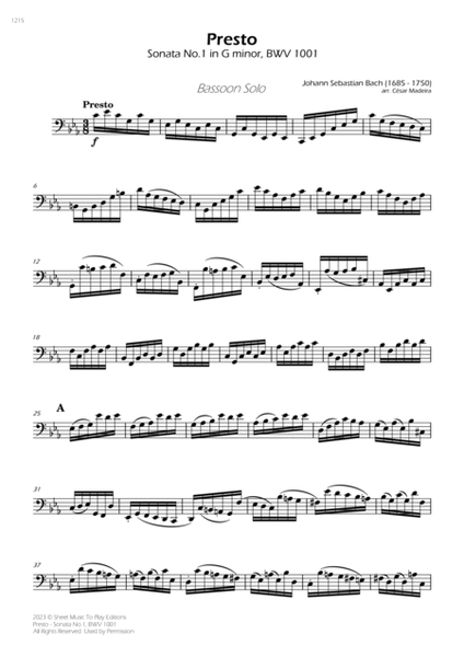 Presto from Sonata No.1, BWV 1001 - Bassoon Solo (Full Score) image number null