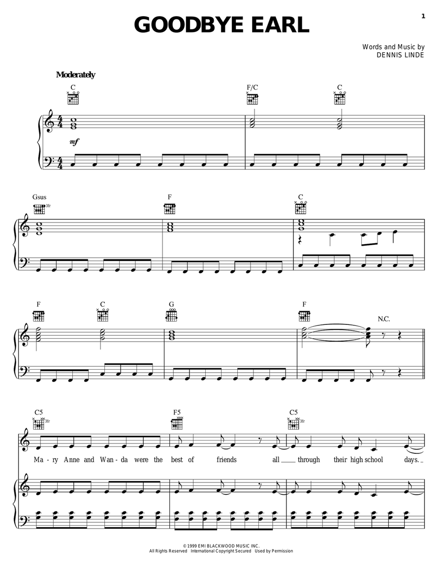 Goodbye Earl Piano, Vocal, Guitar scores gallery preview page 1