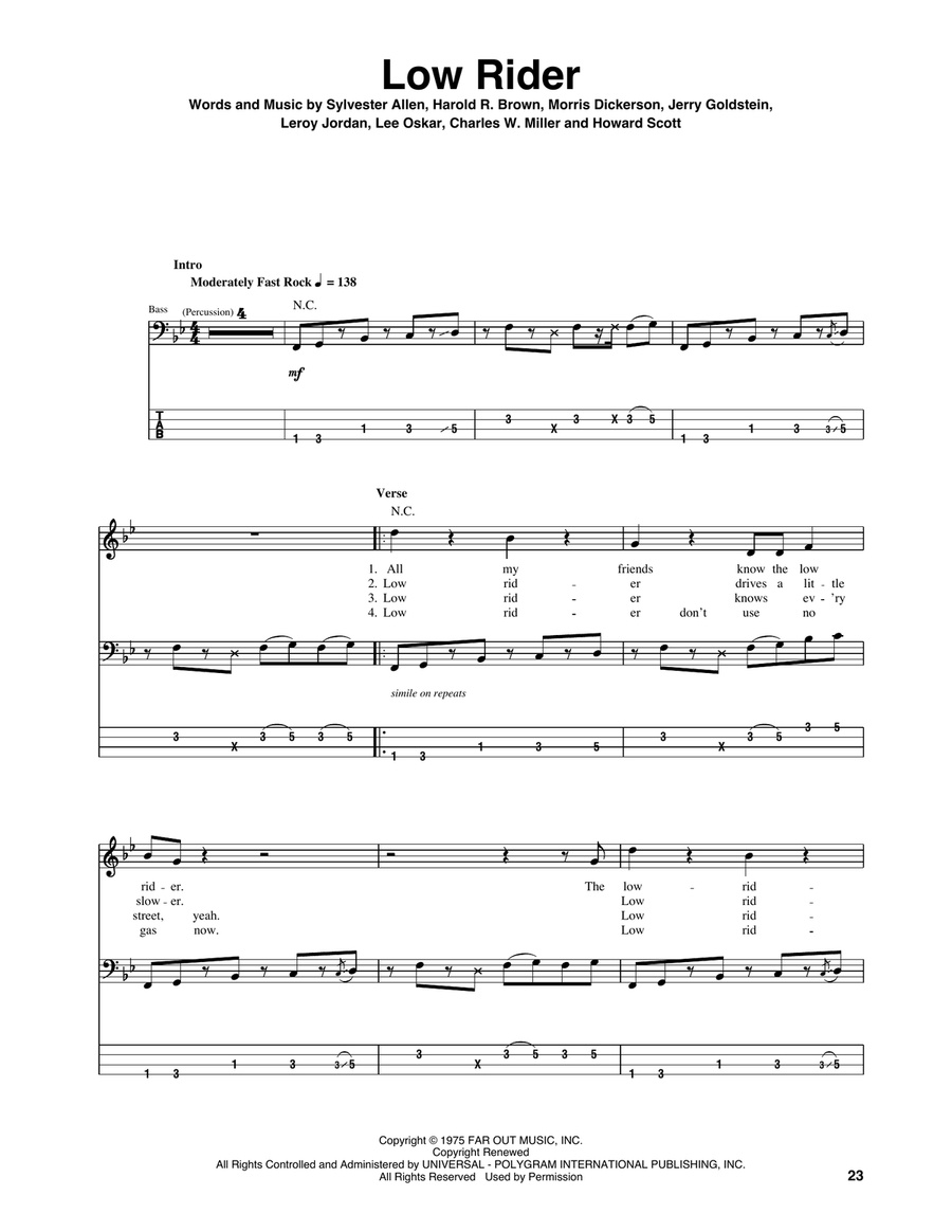 Low Rider Bass Guitar Tablature scores gallery preview page 1