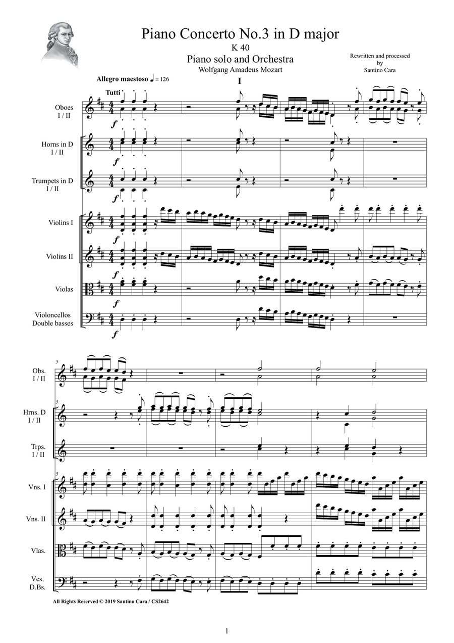 Mozart - Piano Concerto No.3 in D major K 40 for Piano solo and Orchestra - Score and Parts String Orchestra scores gallery preview page 1
