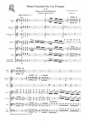 Mozart - Piano Concerto No.3 in D major K 40 for Piano solo and Orchestra - Score and Parts