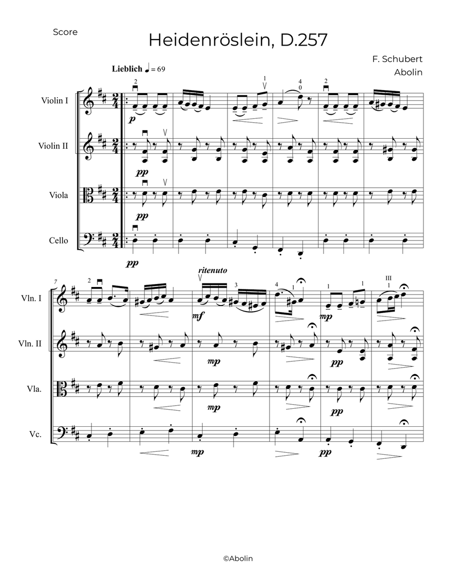 Schubert: Heidenröslein, D.257 - String Quartet String Quartet scores gallery preview page 2