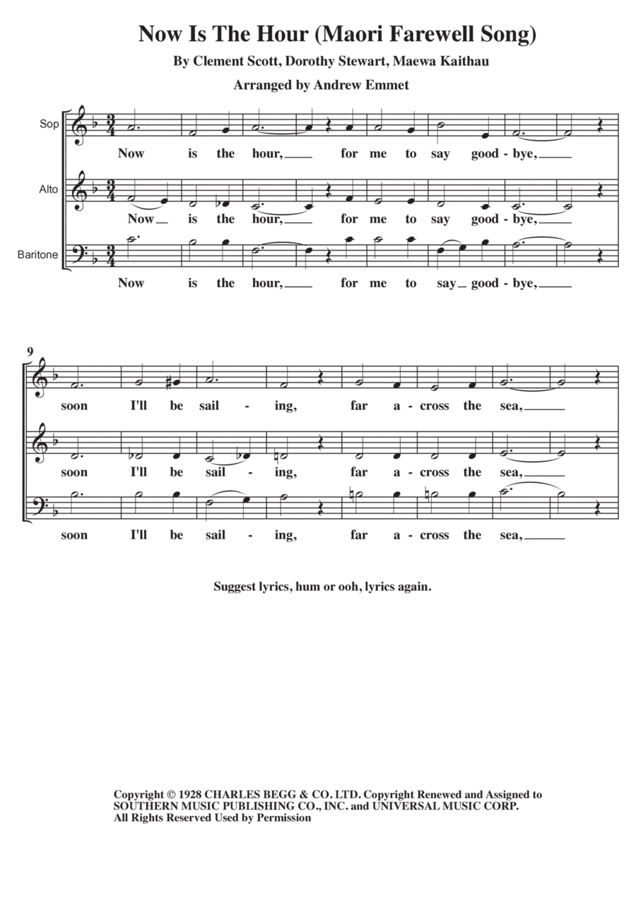 Now Is The Hour (maori Farewell Song) 3-Part scores gallery preview page 1