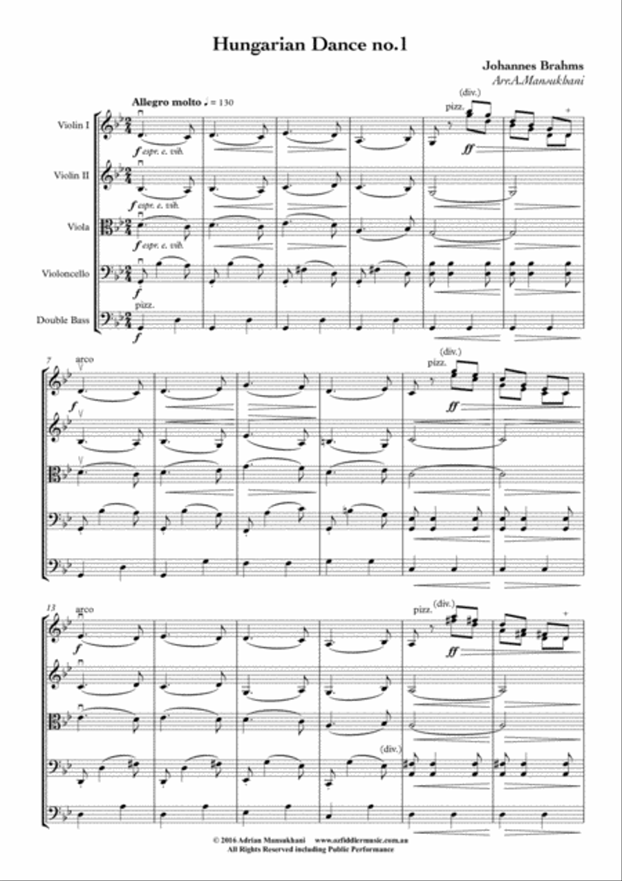 Hungarian Dance no.1, by Johannes Brahms, arranged for String Orchestra String Orchestra scores gallery preview page 2