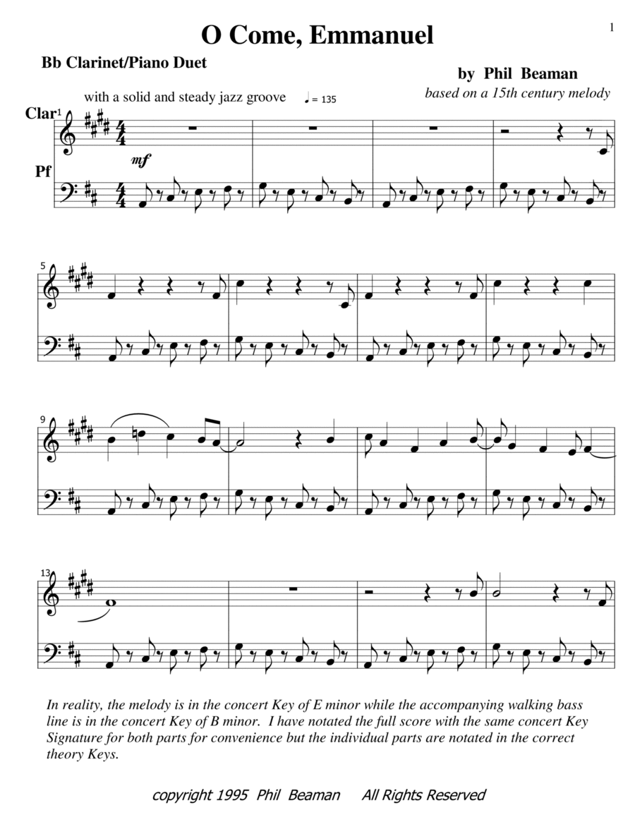 O Come, Emmanuel - jazz clarinet and piano Woodwind Duet scores gallery preview page 1