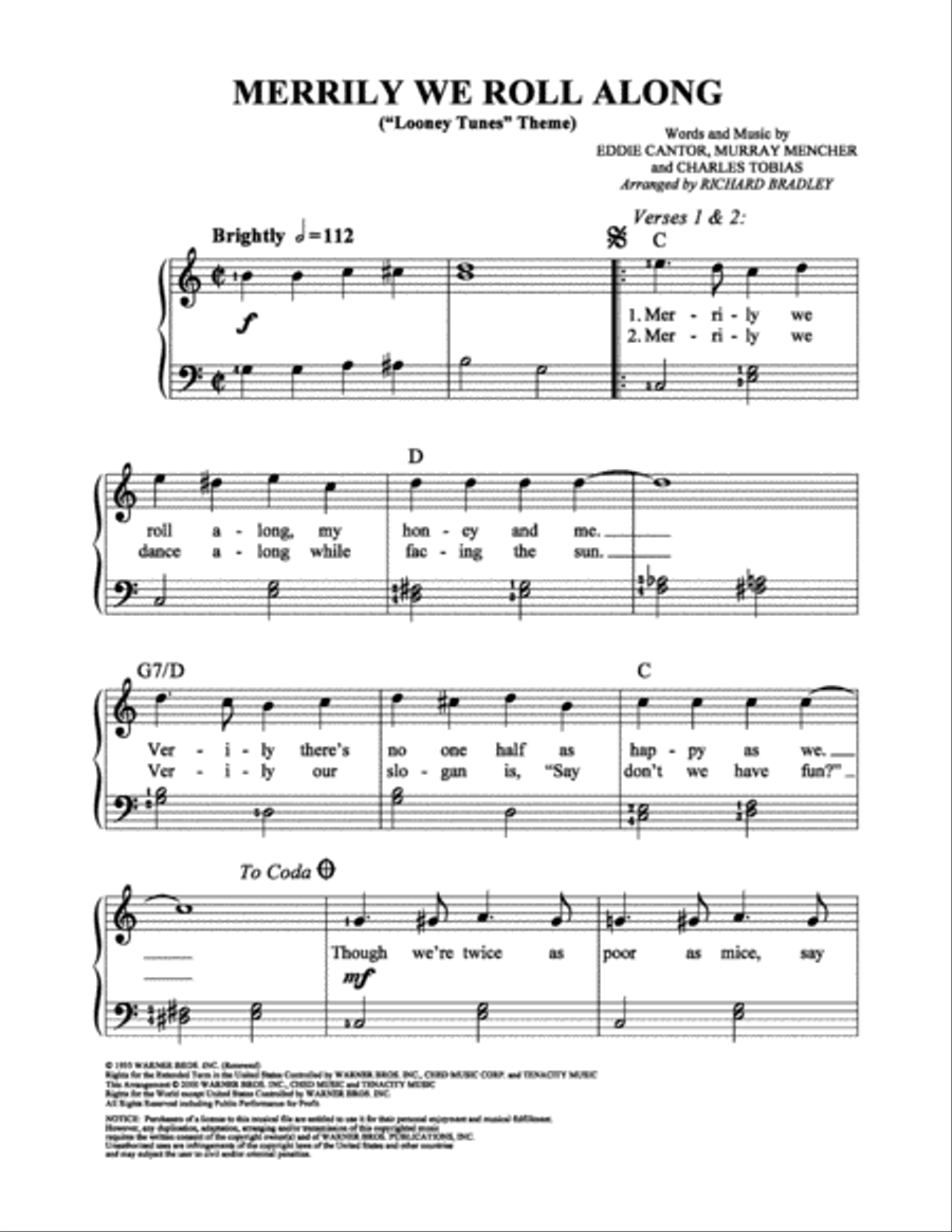 Merrily We Roll Along (Looney Tunes Theme) Easy Piano scores gallery preview page 1