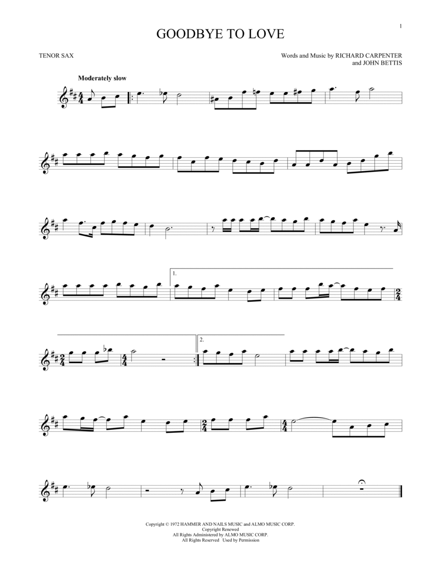 Goodbye To Love Tenor Saxophone scores gallery preview page 1