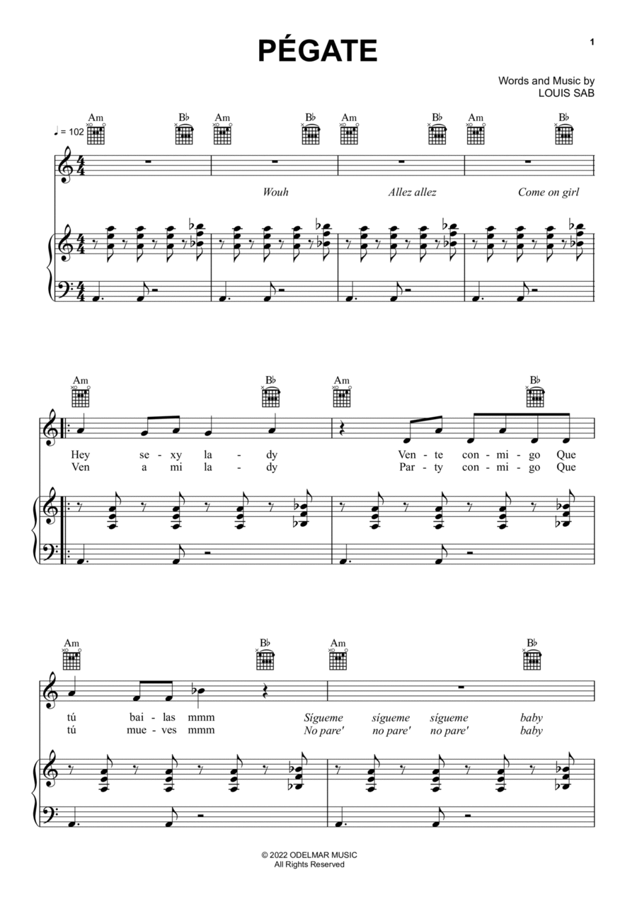 Pégate Piano, Vocal, Guitar scores gallery preview page 1