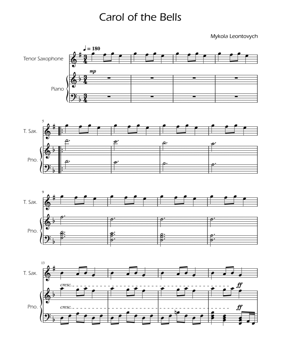 Carol of the Bells - Tenor Sax Solo w/ Piano image number null