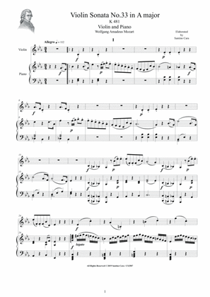 Mozart - Violin Sonata No.33 in E flat major K 481 for Violin and Piano - Score and Part