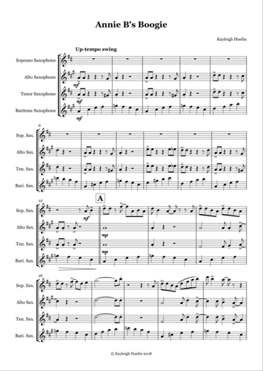 Annie B's Boogie - Saxophone quartet (SATB) Saxophone Quartet scores gallery preview page 1