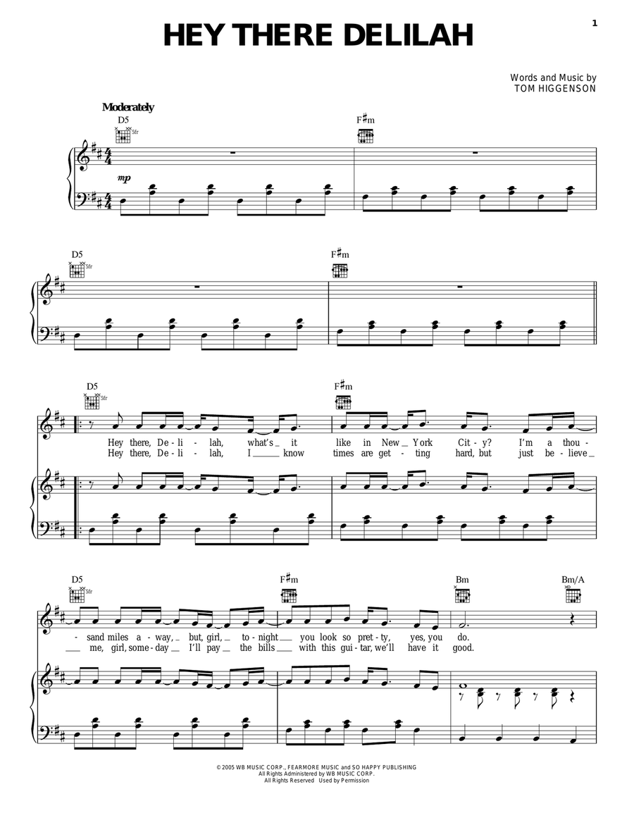 Hey There Delilah Piano, Vocal, Guitar scores gallery preview page 1