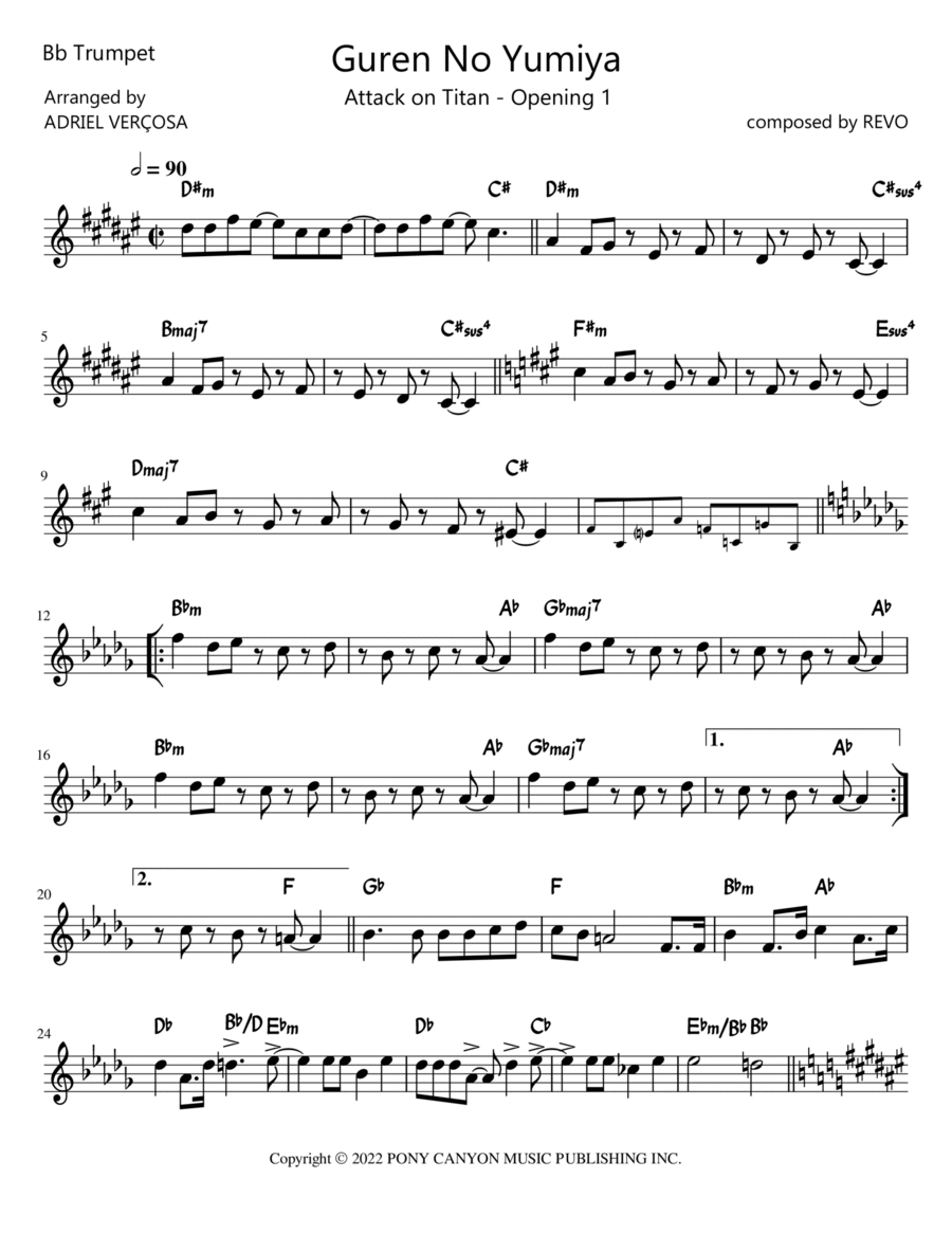 Gekijouban Shingeki No Kyojin Zenpen: Guren No Yumiya B-Flat Trumpet scores gallery preview page 1