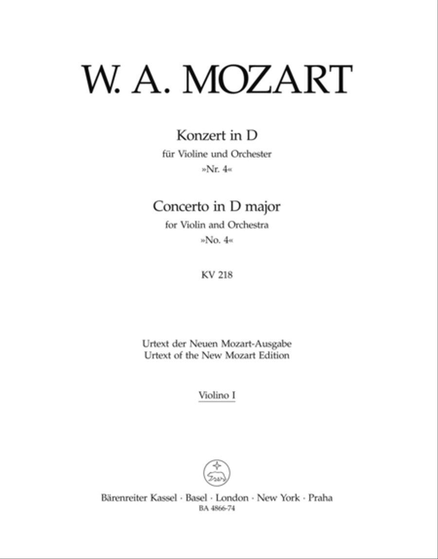 Concerto for Violin and Orchestra, No. 4 D major, KV 218 by Wolfgang Amadeus Mozart Violin Solo - Sheet Music
