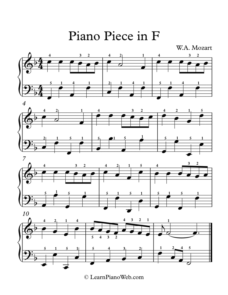 Piano Piece in F K.33b, W.A. Mozart - Easy Piano image number null