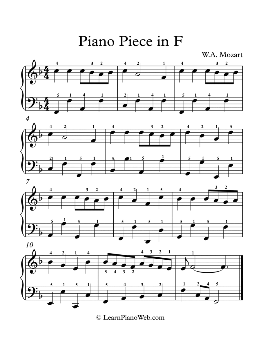 Piano Piece in F K.33b, W.A. Mozart - Easy Piano Easy Piano scores gallery preview page 1