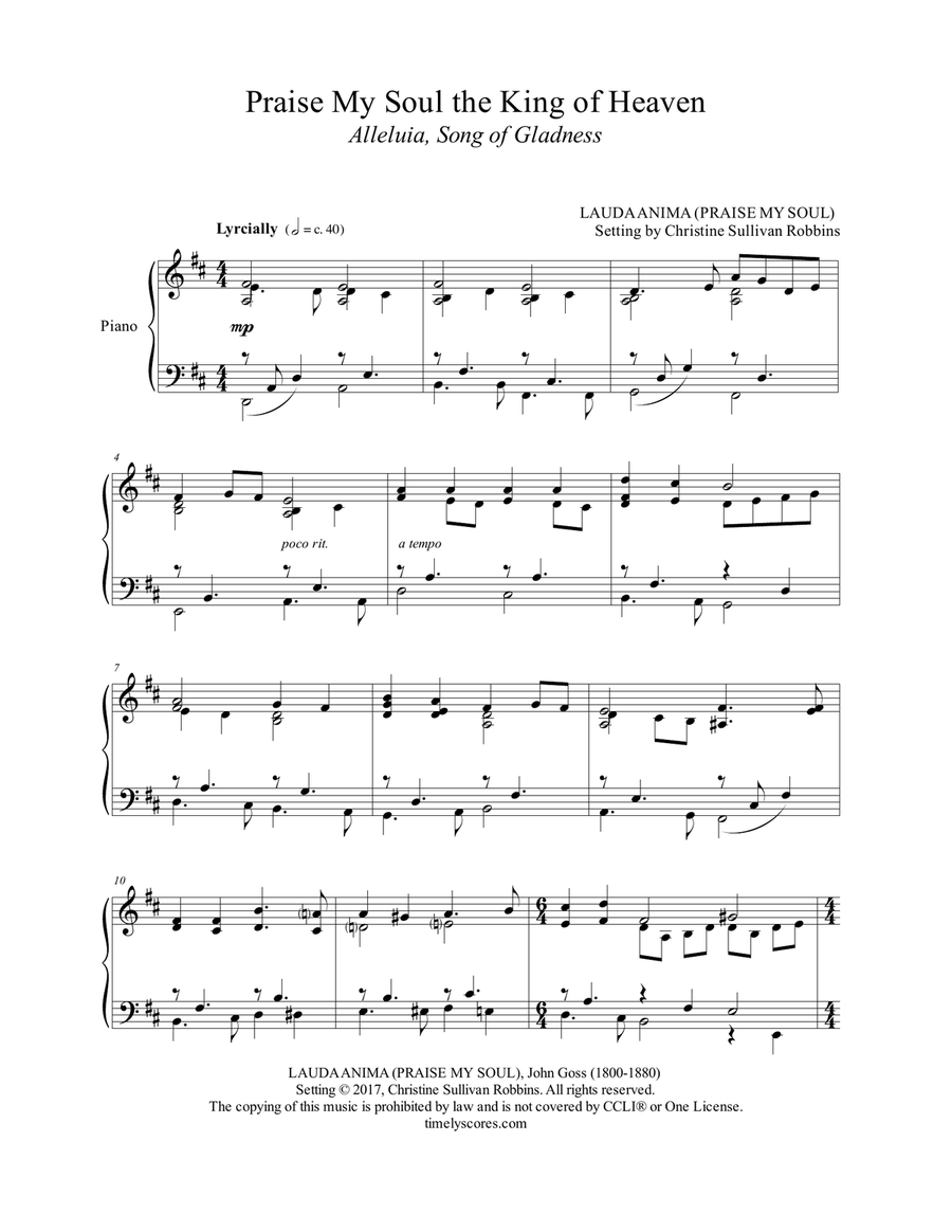 Praise My Soul the King of Heaven (Alleluia, Song of Gladness) Piano Solo scores gallery preview page 1