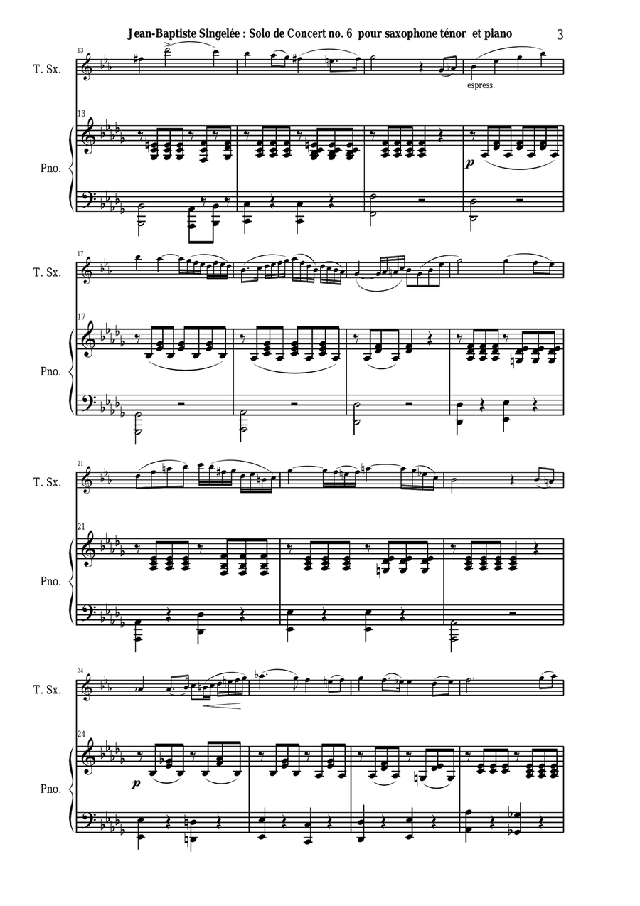 Jean-Baptiste Singelée: Solo de Concert no. 6, Opus 92 pour Saxophone Ténor et Piano Piano scores gallery preview page 3