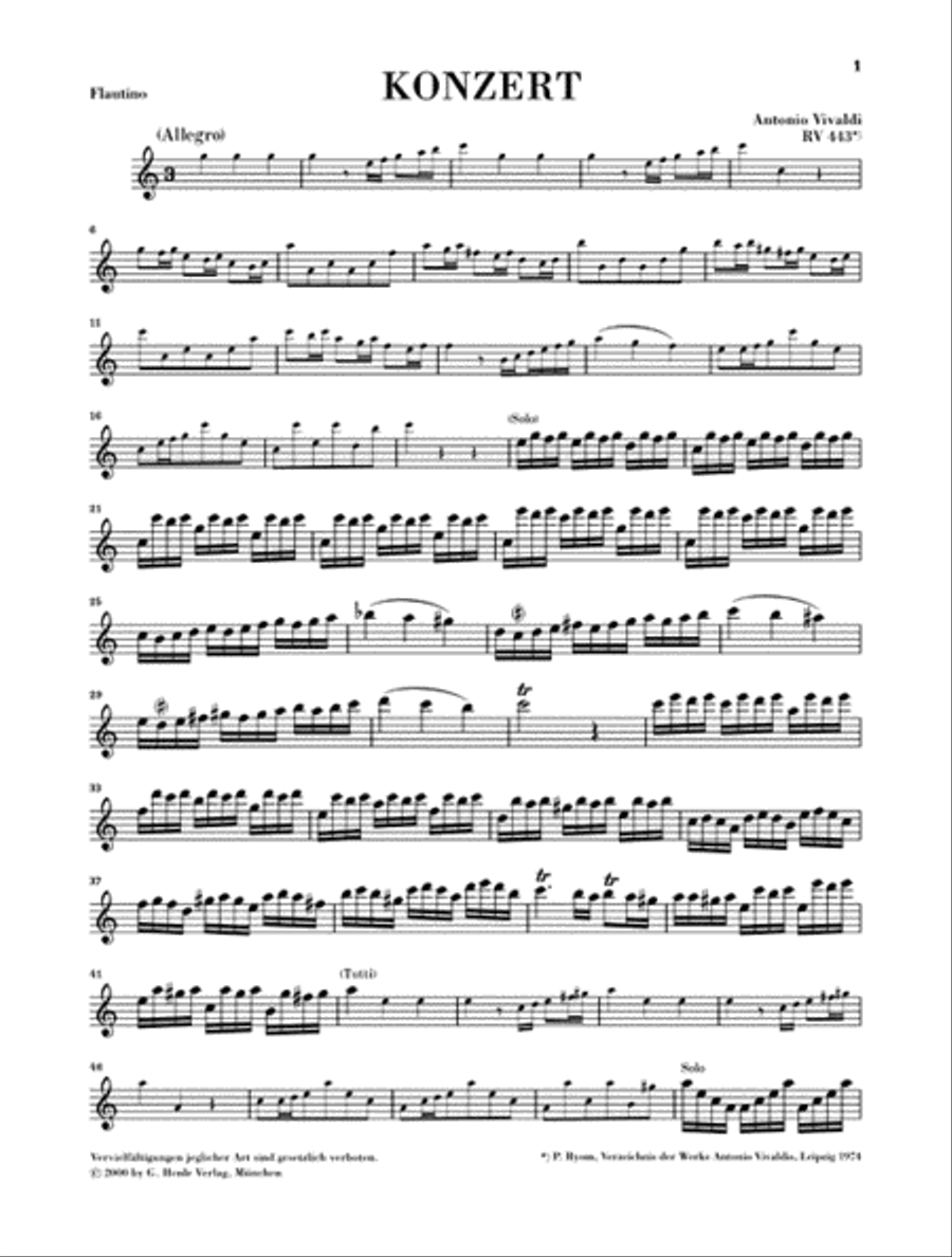 Concerto for Flautino (Recorder/Flute) and Orchestra in C Major, Op. 44, 11 RV 443 Recorder scores gallery preview page 6