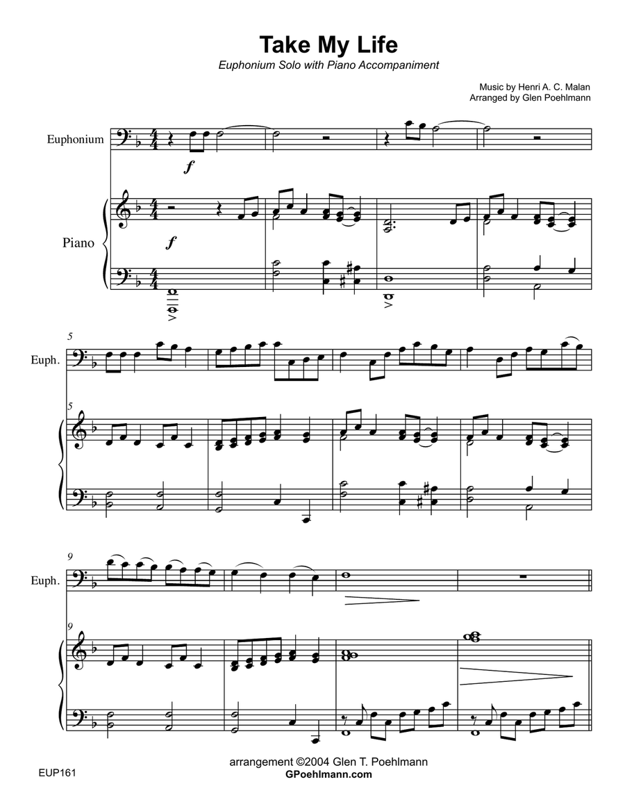 TAKE MY LIFE AND LET IT BE - EUPHONIUM SOLO (Trombone/Baritone TC) with Piano Baritone Horn TC scores gallery preview page 1