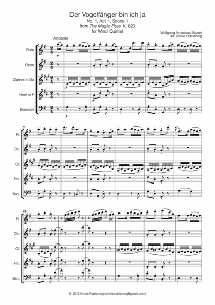 Mozart - Der Vogelfänger bin ich ja for Wind Quintet (The Magic Flute, K. 620) image number null