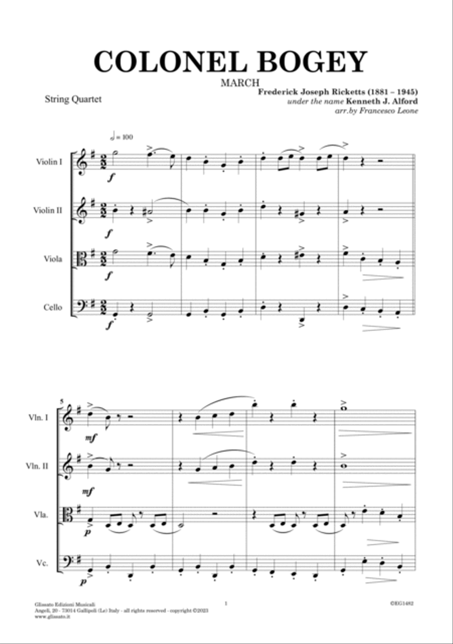 String Quartet: Colonel Bogey March (parts and score) image number null