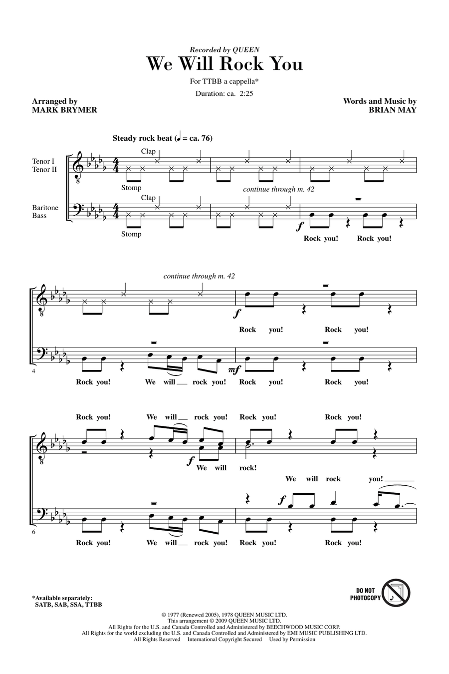 We Will Rock You (arr. Mark Brymer) TTBB scores gallery preview page 1
