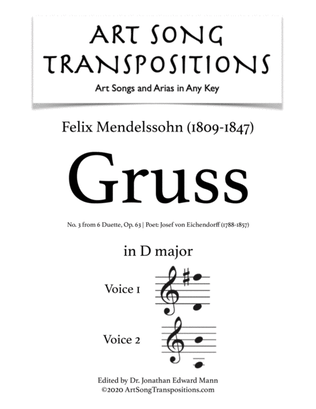 Book cover for MENDELSSOHN: Gruss, Op. 63 no. 3 (transposed to D major)