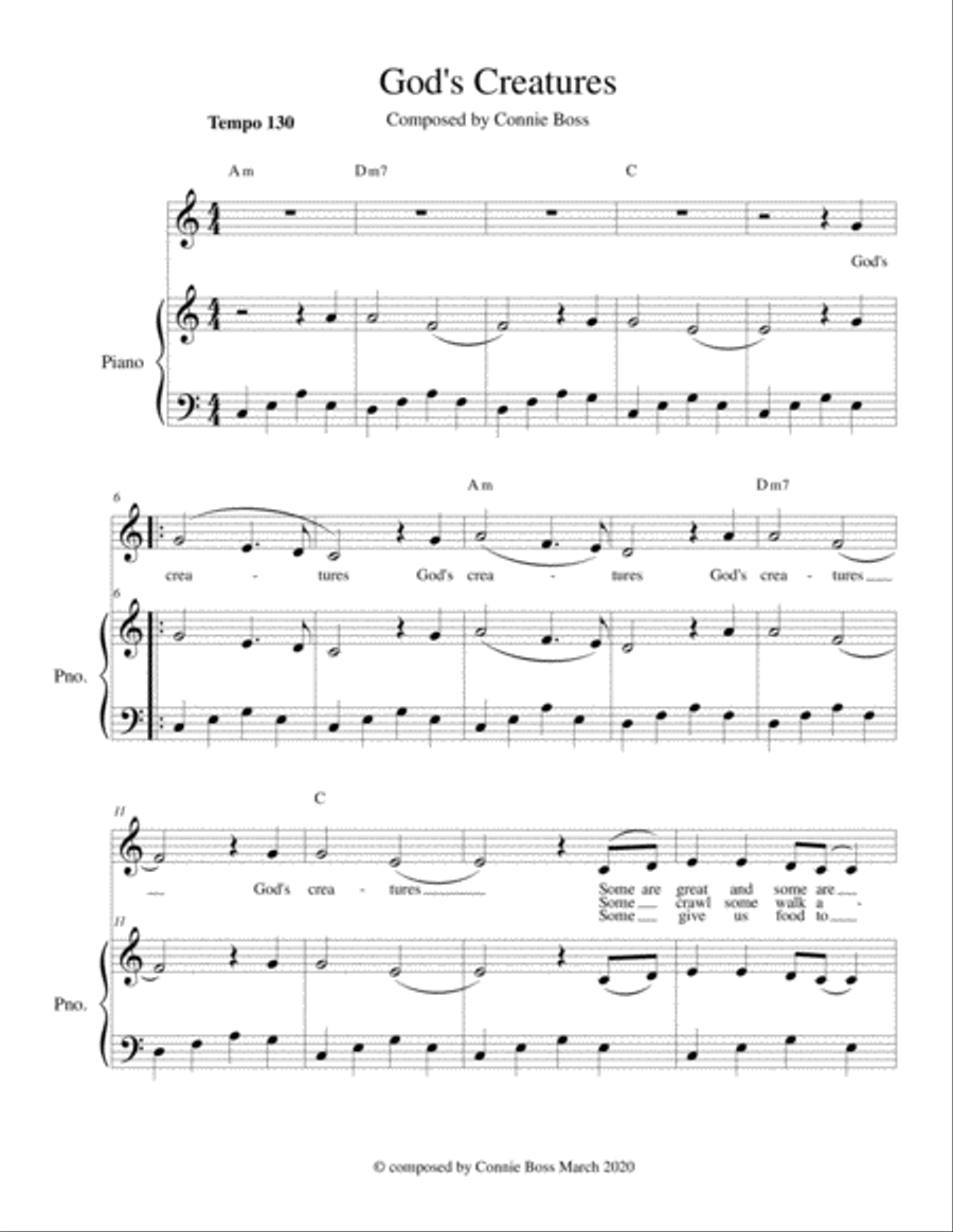 God's Creatures - kids song key of C - solo and piano Piano, Vocal, Guitar scores gallery preview page 1